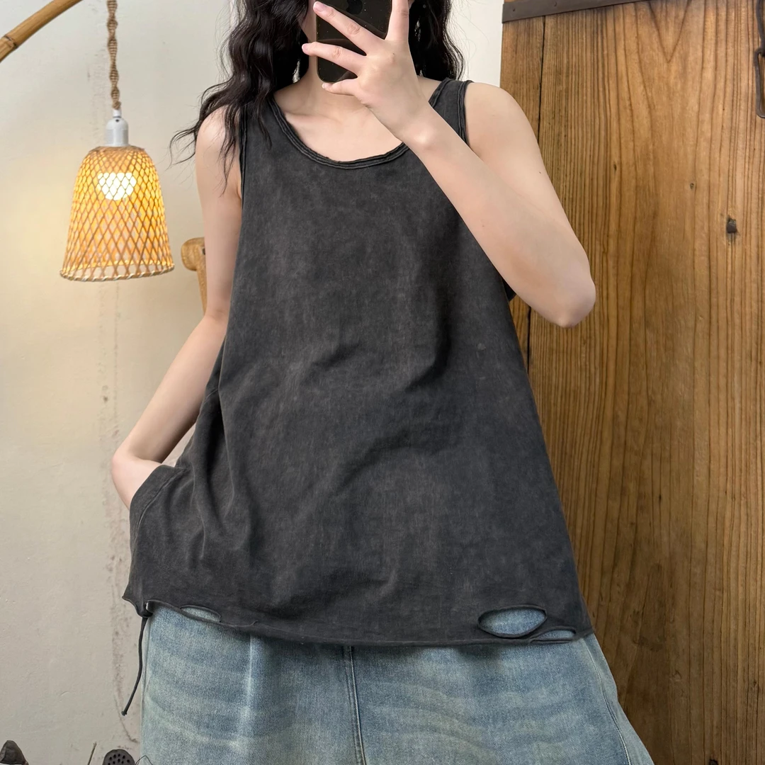 【半奏】春季新款炒色做旧针织棉破洞卷边背心女胸围110 衣长63