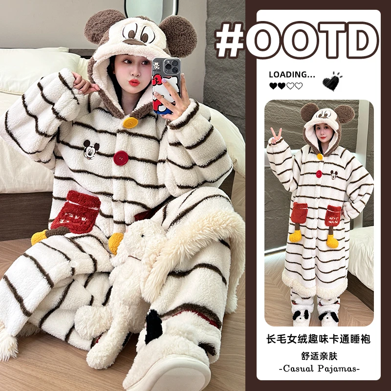 2025冬季新款珊瑚绒睡衣女加绒加厚保暖可爱米奇可外穿家居服套装