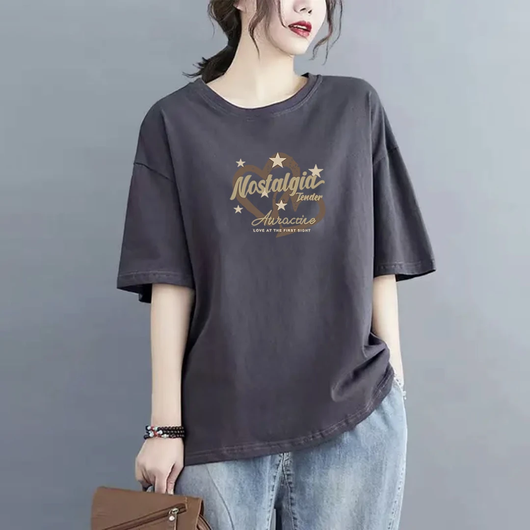 纯棉大码显瘦短袖女夏季时尚百搭印花圆领上衣宽松200斤打底半袖