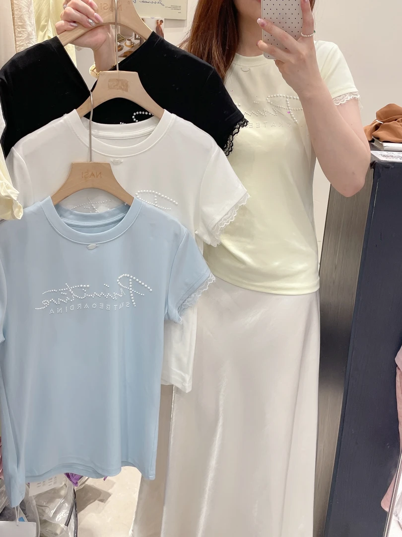NS「清新律动」ins夏季小众设计感珍珠拼蕾丝质感上衣T恤
