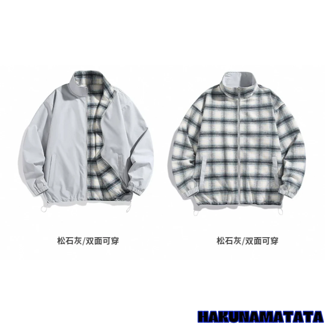 立领宽松格子简约双面穿夹克9158