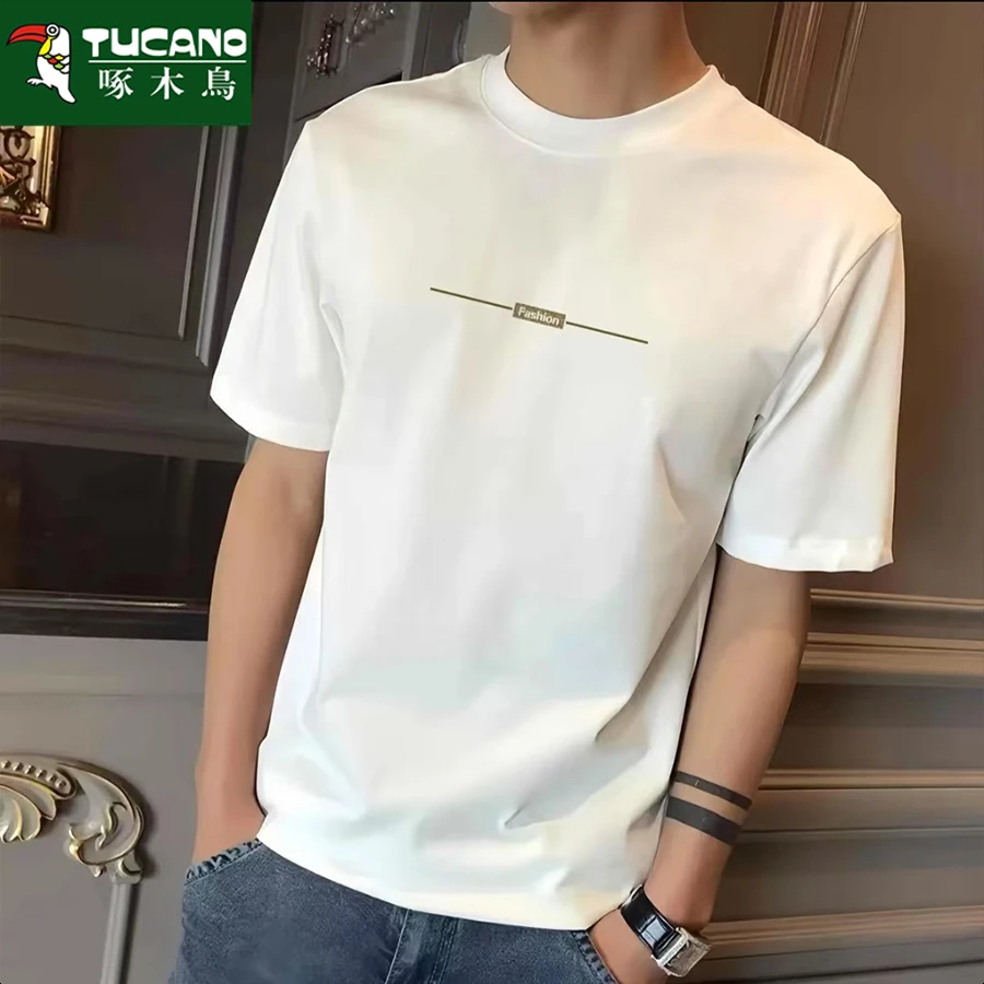 啄木鸟时尚重磅纯棉百搭短袖男装高端休闲t恤山水印花学生ins潮牌
