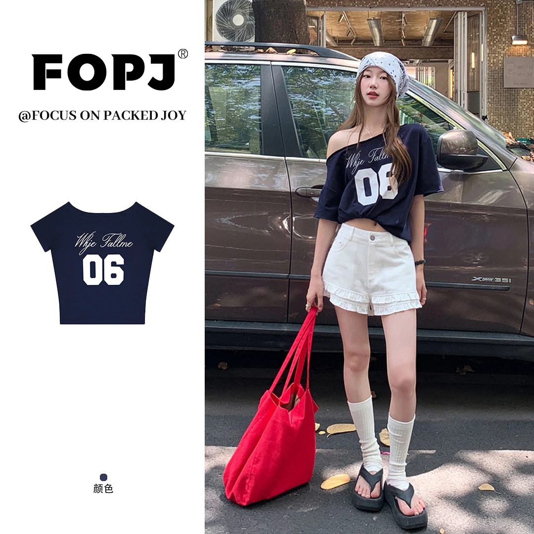FOPJ美式复古慵懒风斜肩一字肩短袖T恤女夏季设计感宽松百搭上衣