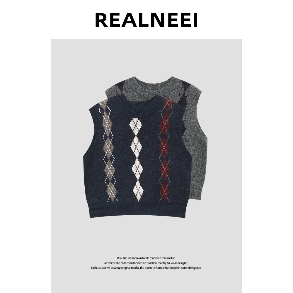 【英伦答】“Y毛衣”设计感圆领几何拼色保暖无袖马甲毛衣X2412162