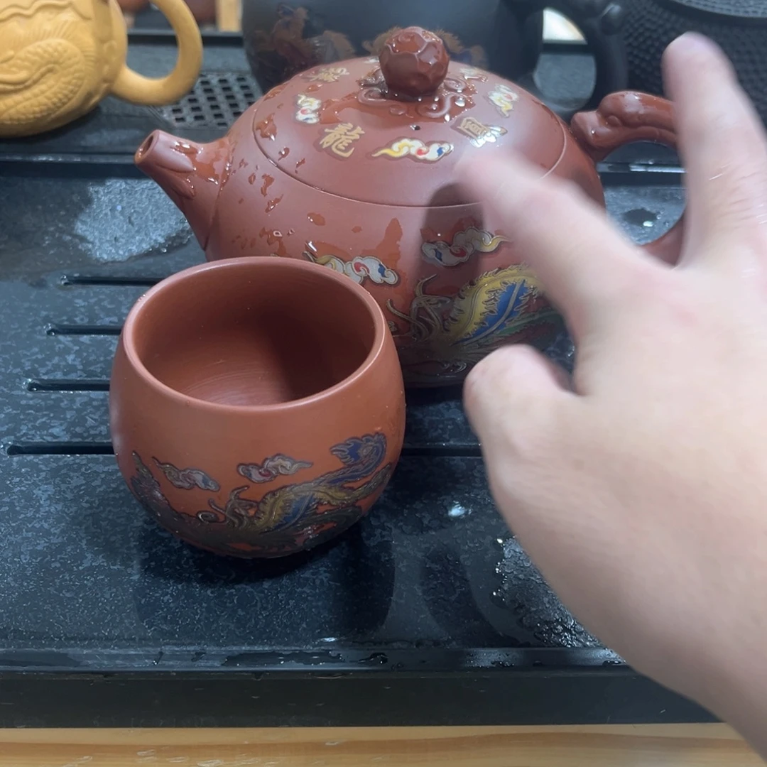 紫砂茶杯一壶4杯2龙2凤