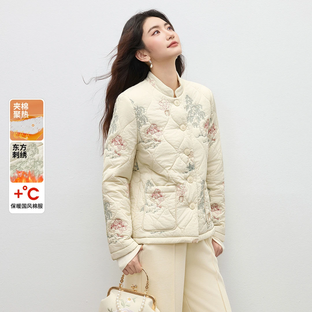 【夹棉保暖】优雅通勤立领单排扣撞色刺绣葫芦形绗缝不臃肿棉服