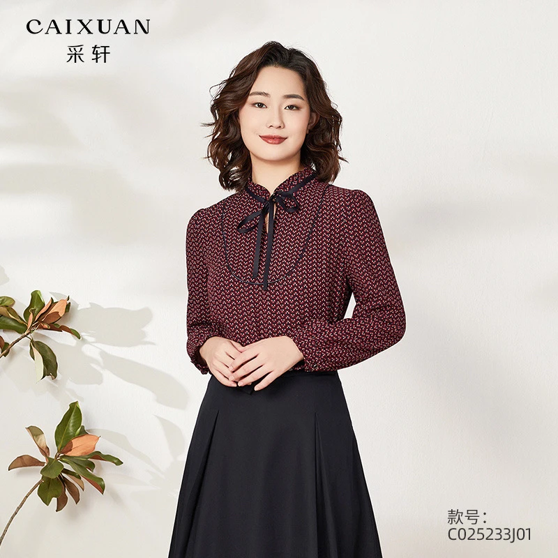 c025233j01CAIXUAN采轩轻熟风波浪纹系带雪纺上衣