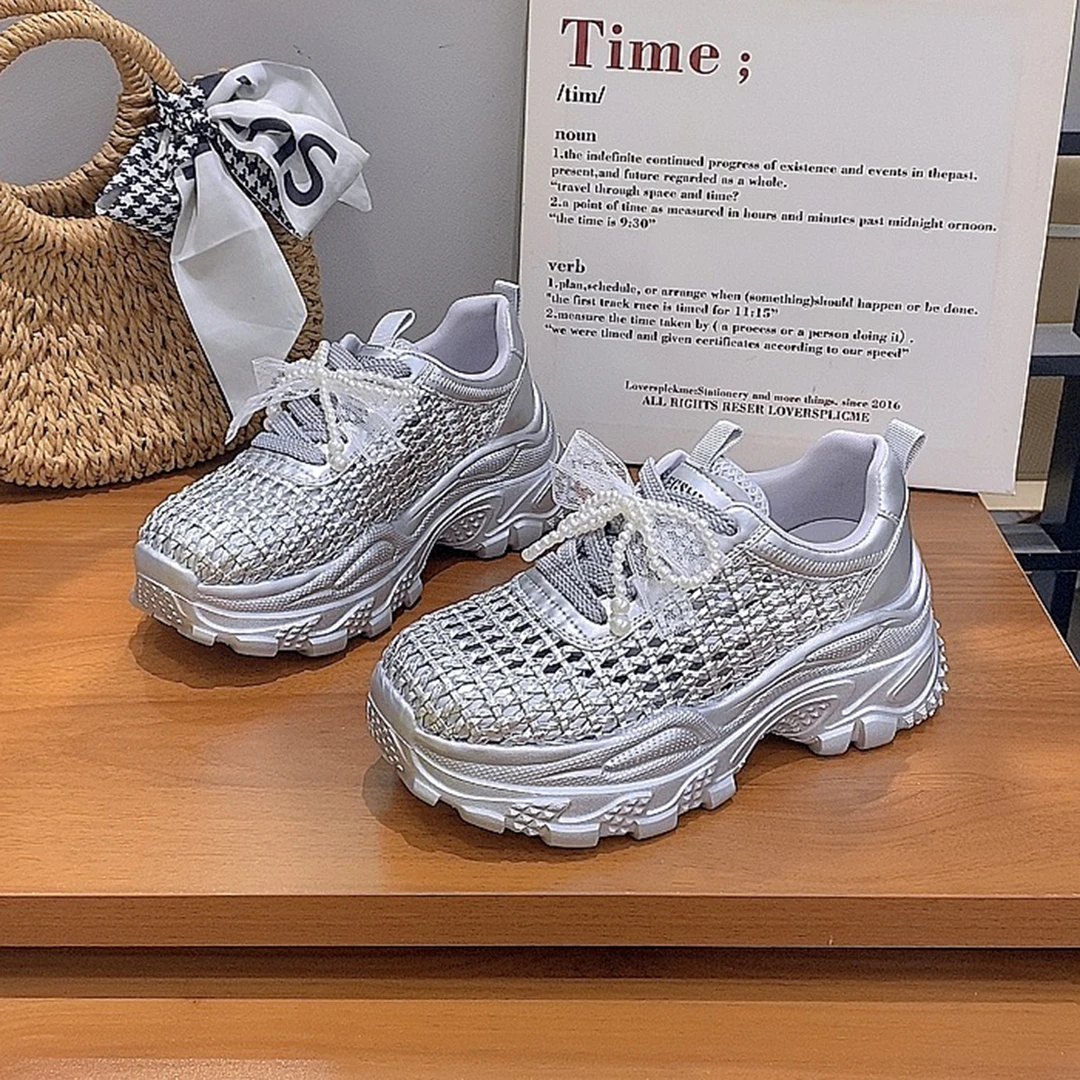 真皮编织网面夏季配裙子老爹鞋女透气百搭厚底5.5公分轻便休闲鞋