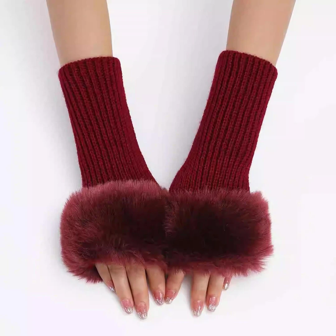 保暖袖套半指手套冬天手臂套护腕毛毛袖口假袖子本命年红色手袜女