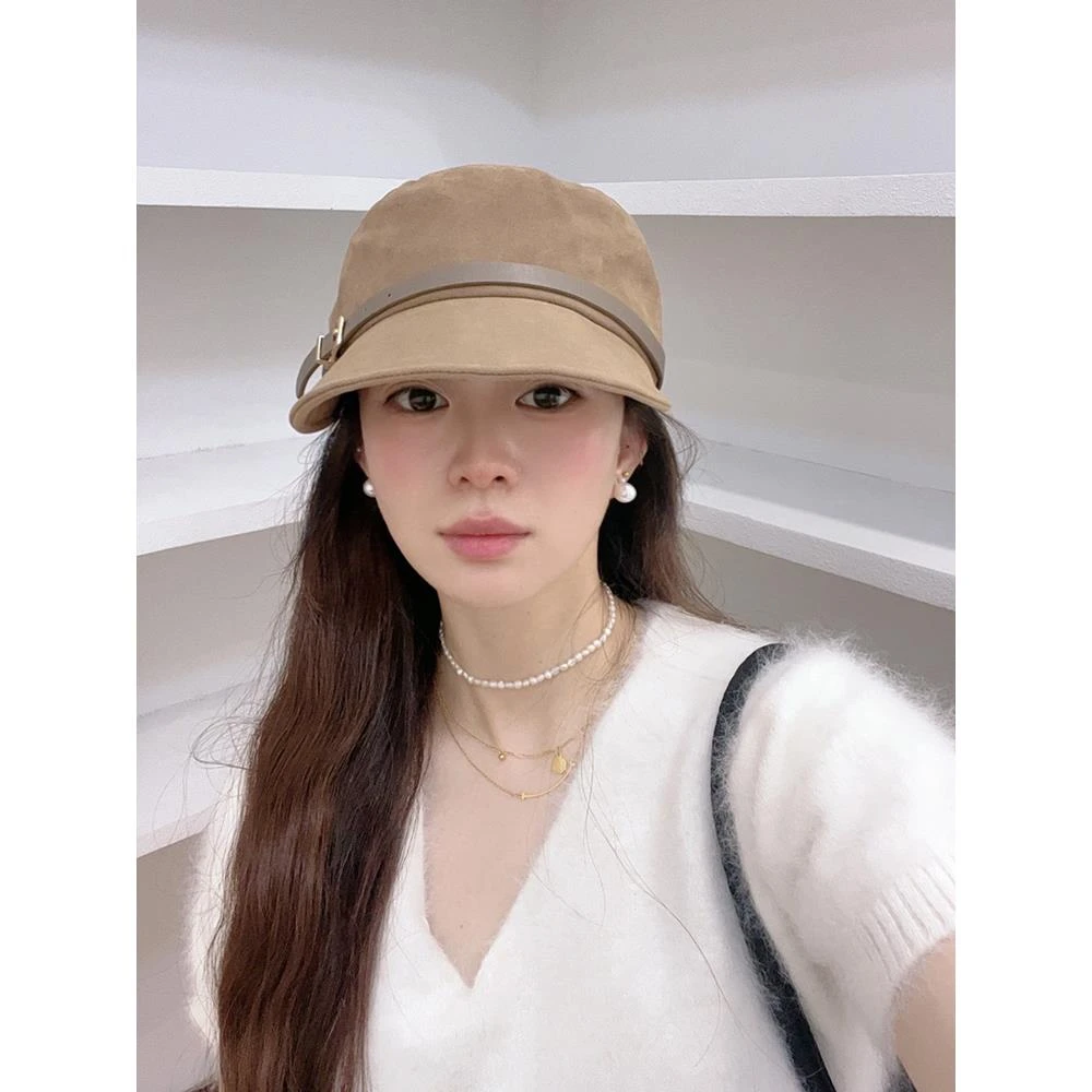 高品质英伦鹿皮绒鸭舌帽女秋冬日韩潮流百搭素颜遮脸白搭马术帽潮