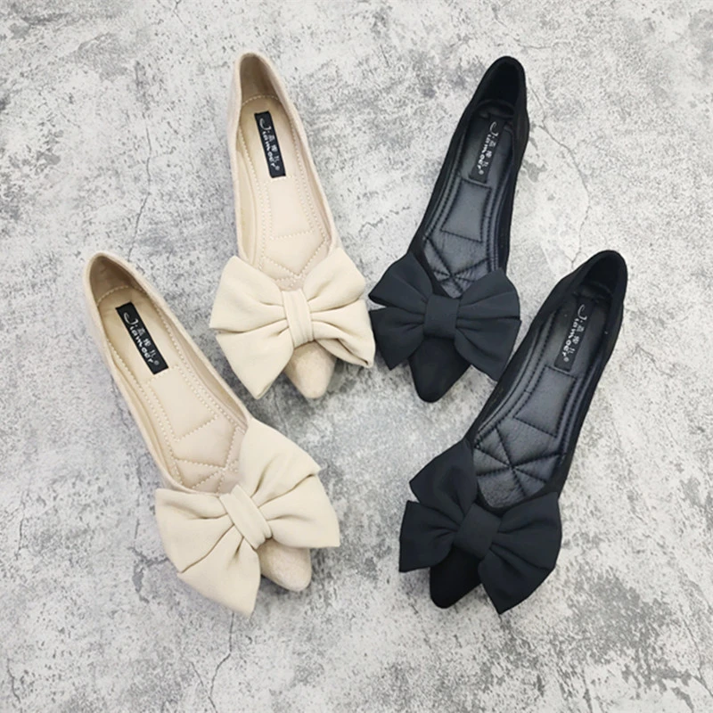 蝴蝶结平底单鞋女浅口2025年秋季新款鞋子尖头绒面百搭软底平跟鞋