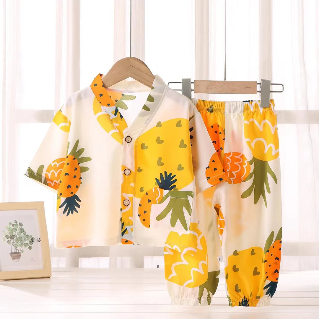 儿童棉绸睡衣男女童夏季空调家居服冰感宝宝卡通七分袖长裤两件套