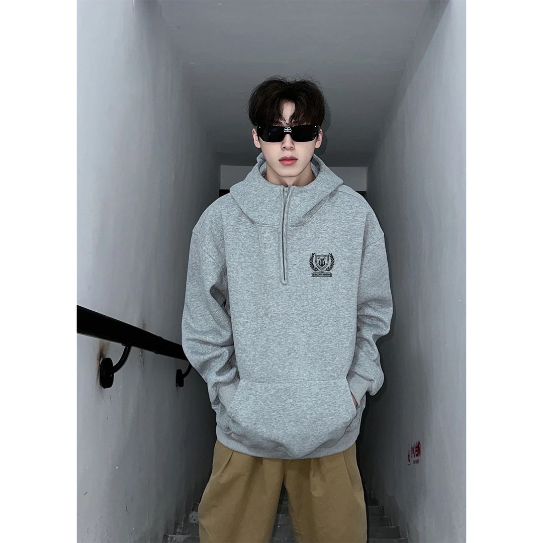 美式个性印花卫衣秋冬季半拉链情侣盾牌徽章男女休闲连帽百搭上衣