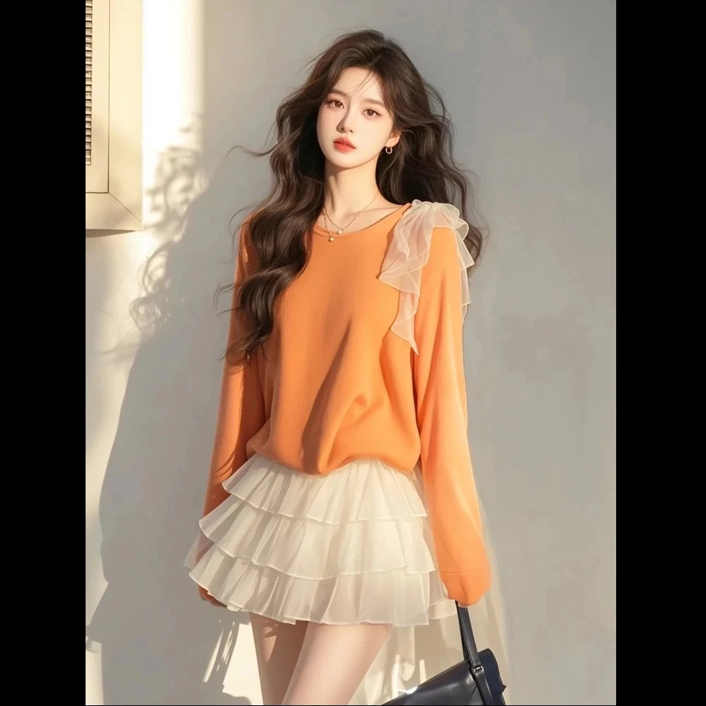 2025春爆款流行整套高级感超好看小众圆领套头上衣网纱蛋糕裙套装