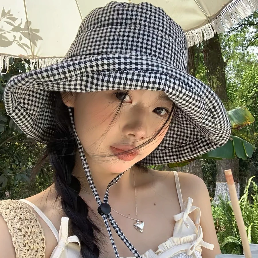 千鸟格渔夫帽女夏季韩版uv防紫外线遮阳防晒帽大帽檐遮脸太阳帽子