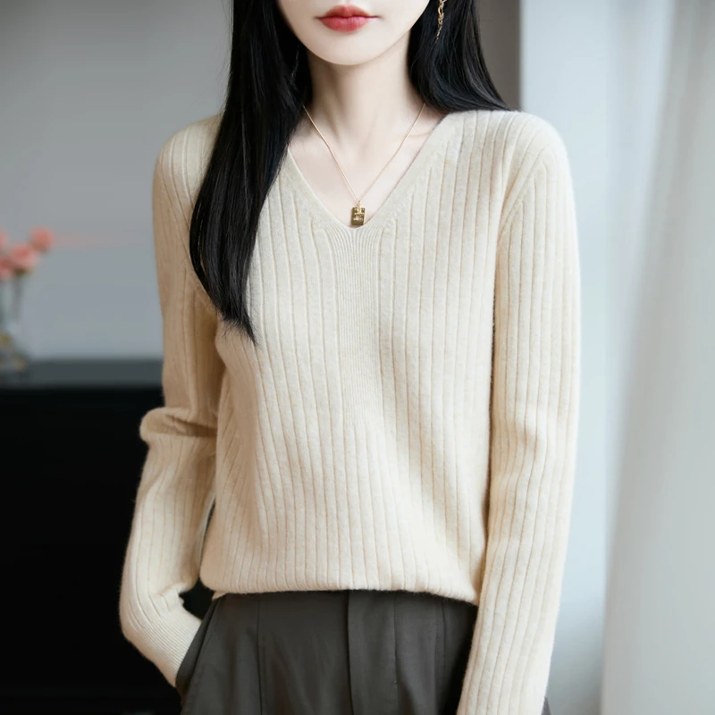 哥弟阿玛施正品秋冬新款通勤百搭V领针织打底衫女套头内搭毛衣