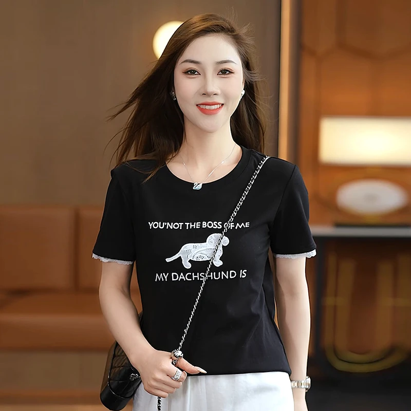 2025夏季新款黑白色短袖t恤女宽松百搭字母印花小个子体恤上衣潮