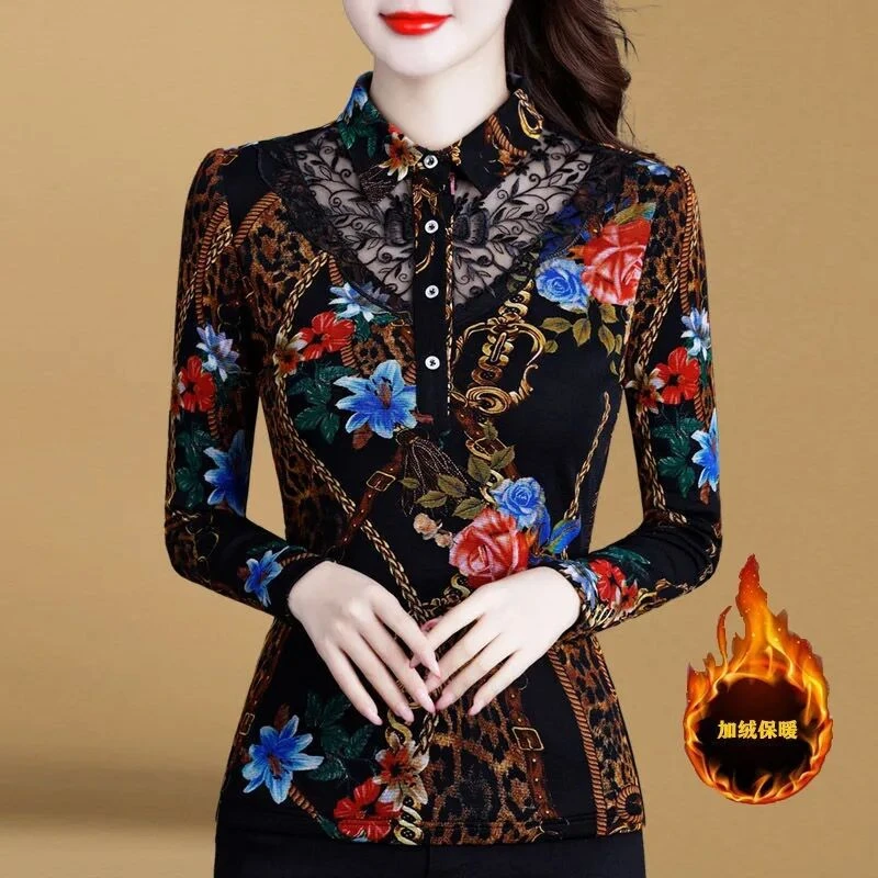 1893 女士加绒内搭上衣2024春秋新款时尚印花翻领加厚保暖打底衫