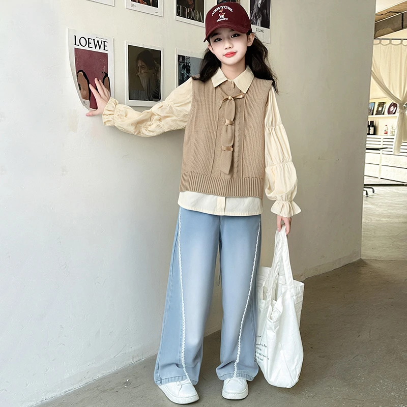 女童秋装套装2026新款洋气时髦中大童装女孩马甲衬衣牛仔裤三件套