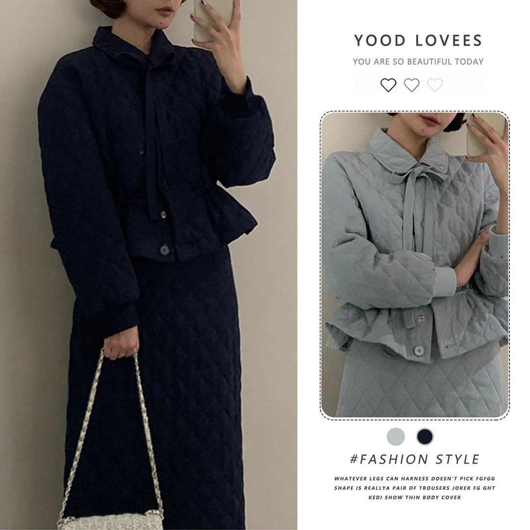 2025秋冬季新款减龄甜美风蝴蝶结菱格棉服外套+高腰半身裙两件套