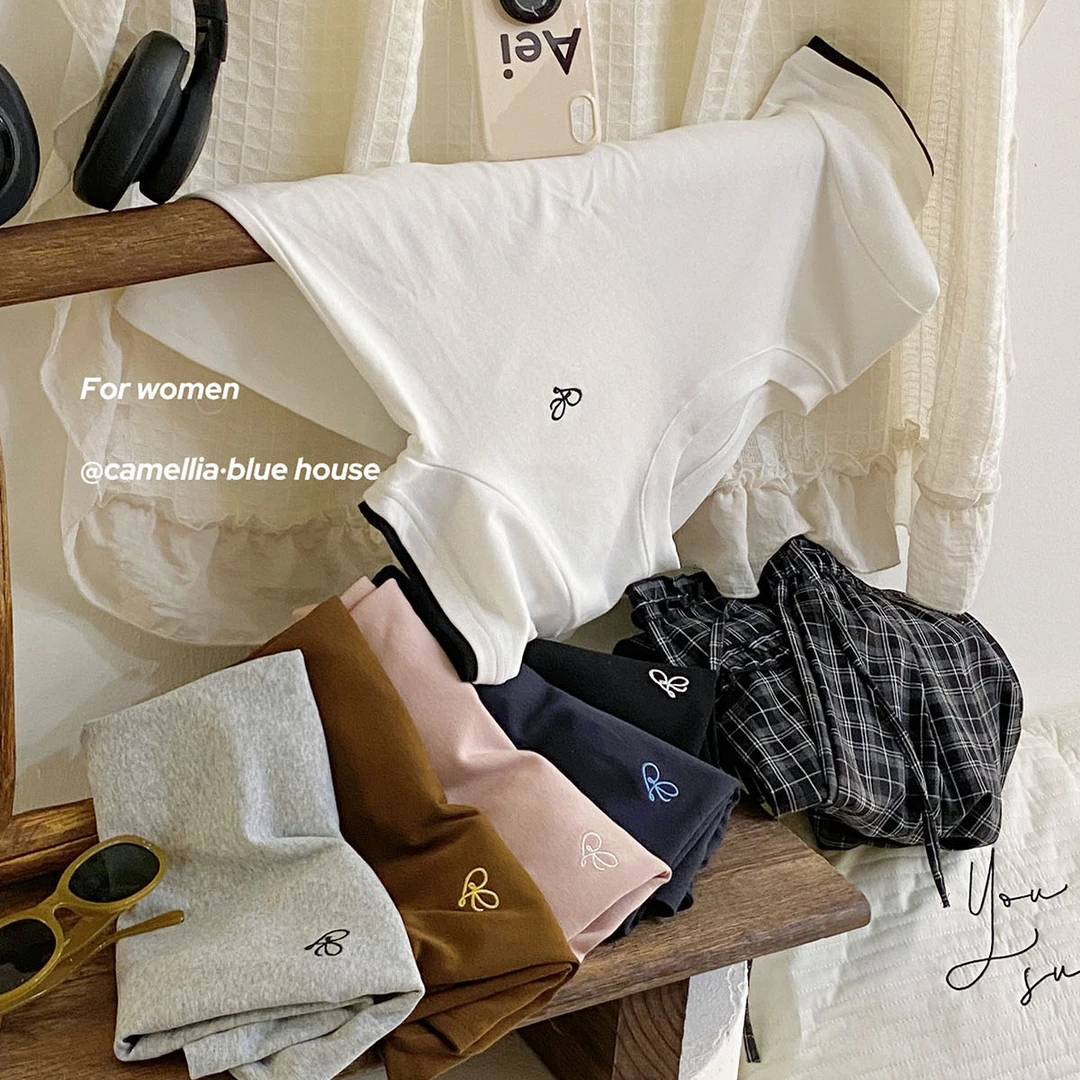 高街风小众高级灰撞色短袖t恤女夏爱心刺绣修身显瘦百搭体恤上衣