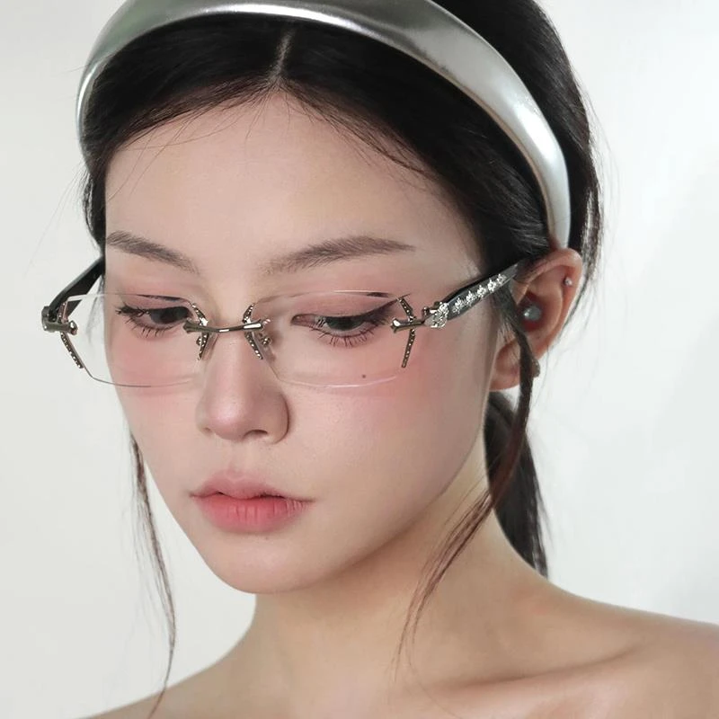 高智感纯欲无边框金属素颜眼镜女可配度数近视眼镜框架y2k欧美风