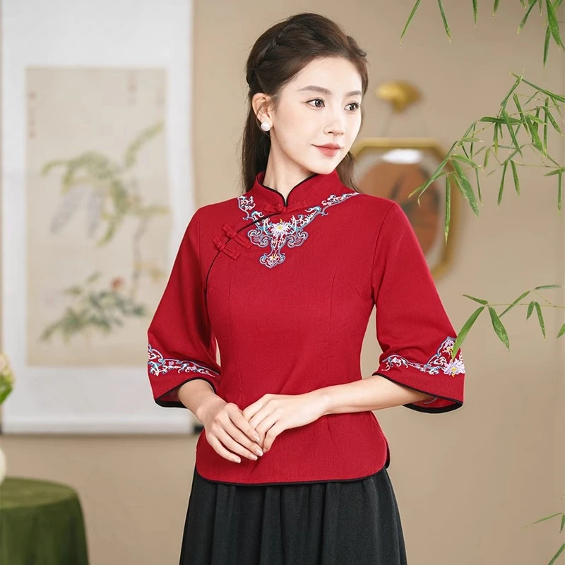 民族风刺绣旗袍唐装茶艺中国风棉麻小衫民国春夏新款女装T恤上衣