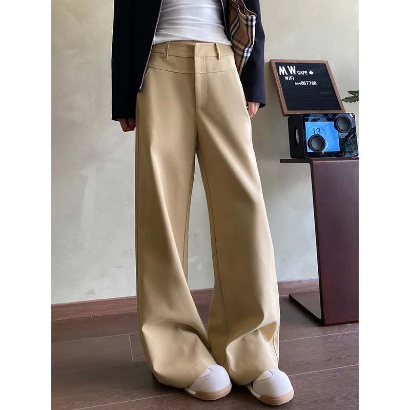 老钱风卡其色复古阔腿裤女秋季新款高腰垂感窄版显瘦直筒休闲裤子