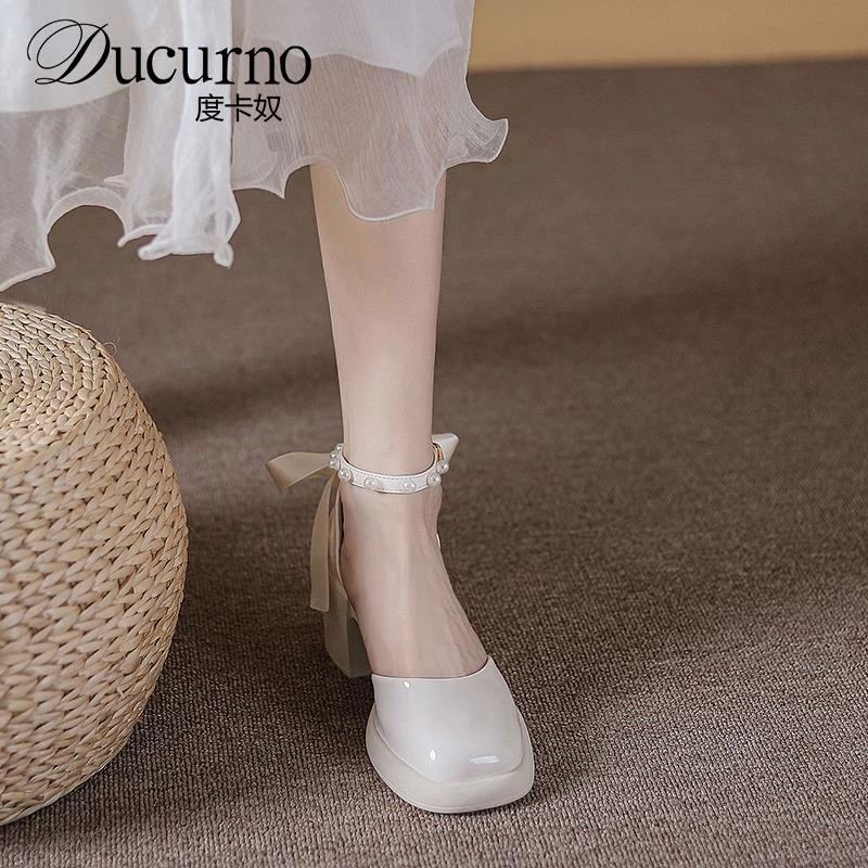 真皮玛丽珍包头凉鞋女2025夏季新款中空浅口仙女鞋粗跟气质高跟鞋