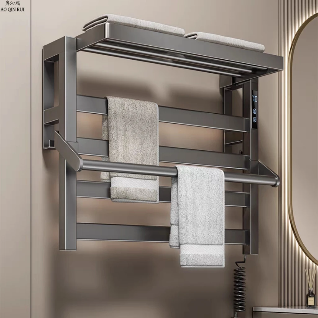 奥沁瑞枪灰色智能碳纤维电热毛巾架免打孔浴室恒温加热烘干置物架