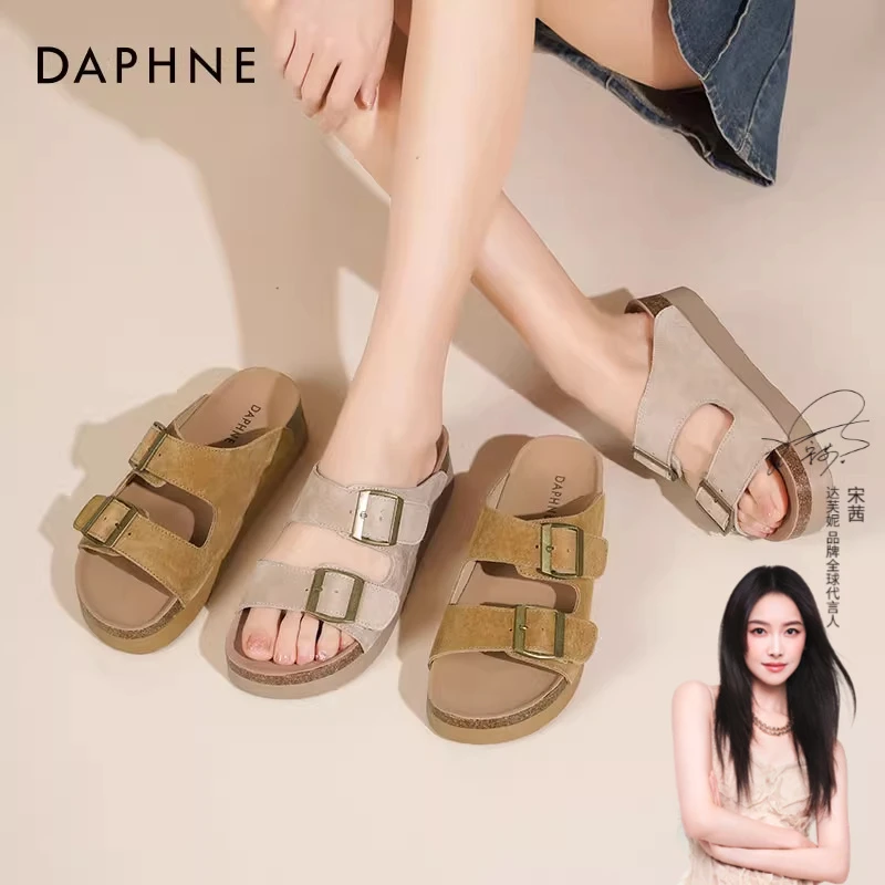 达芙妮厚底勃肯拖鞋女2025新款夏季外穿一字拖软木勃肯沙滩凉拖鞋