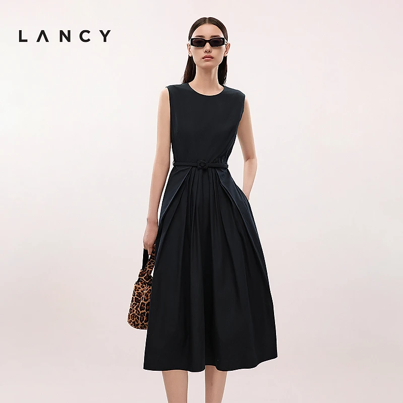 LANCY/朗姿2025夏季新款设计感无袖收腰A字显瘦时尚高级感连衣裙