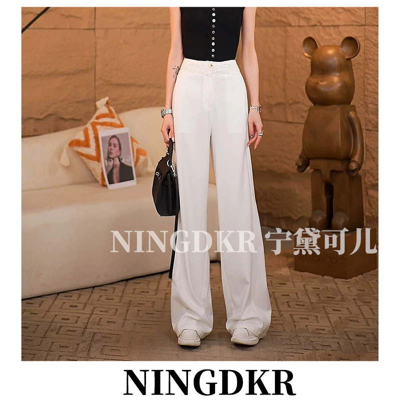 圳B30219设计感气质蕾丝花边窄版阔腿牛仔裤女高腰显瘦百搭直筒裤