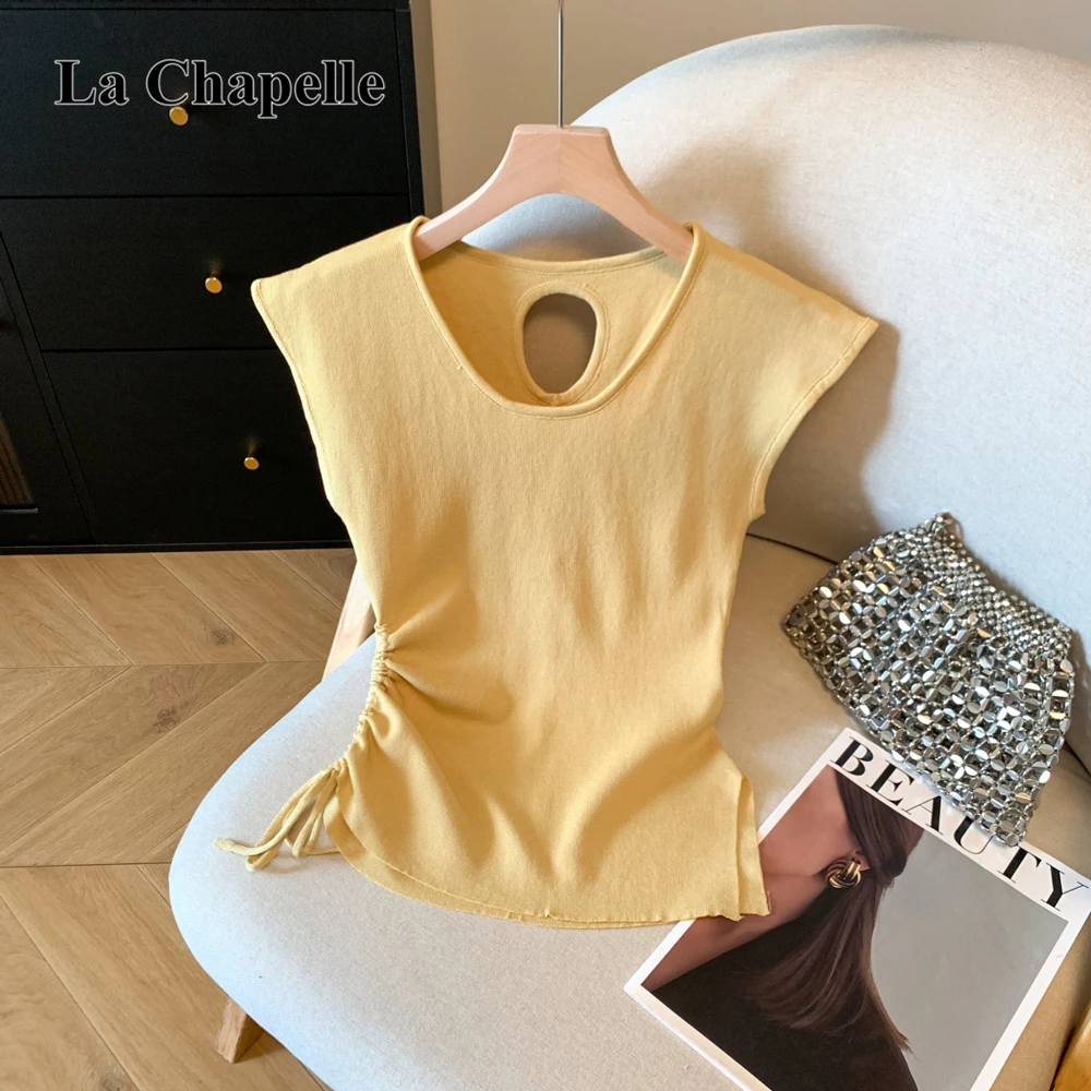 拉夏贝尔后背镂空冰丝针织衫女修身显瘦抽绳不规则设计感短袖上衣