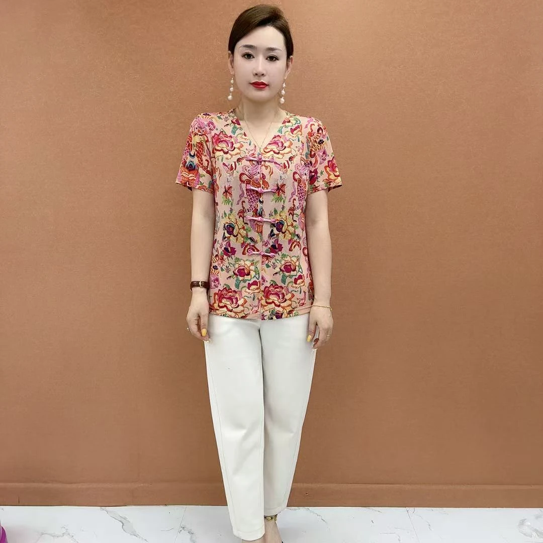 新中式复古盘扣中国风设计轻薄弹力中老年妈妈气质新上衣显瘦短袖