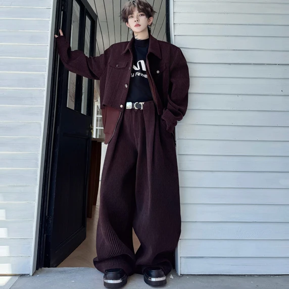 秋季美式复古灯芯绒拼接夹克套装男搭配弯刀阔腿长裤休闲两件套潮