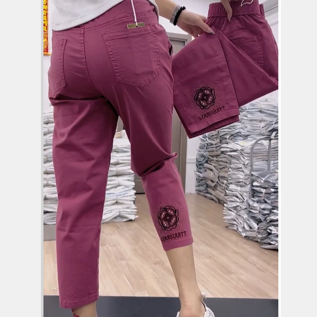 新款刺绣夏季薄款九分水洗休闲裤2025高腰小个子显瘦哈伦宽松百搭