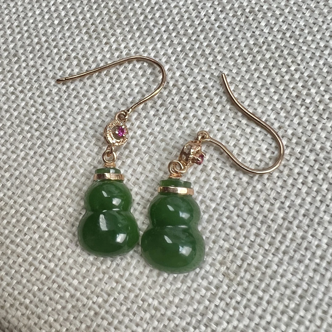 18K金俄罗斯老坑碧玉葫芦耳环和田玉果阳绿福禄双全耳钩气质