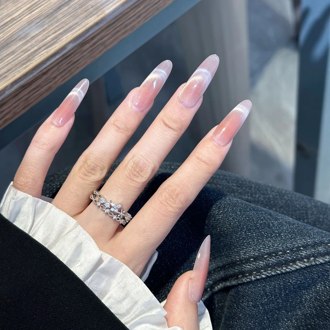 新款简约轻奢裸色腮红法式猫眼纯欲纯手工穿戴甲美甲贴片假指甲