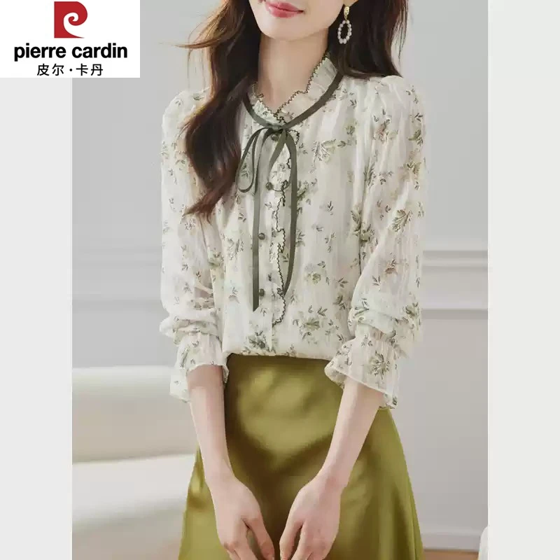 皮尔卡丹2025春装新款小清新碎花雪纺衬衫系带喇叭袖气质御姐宽松