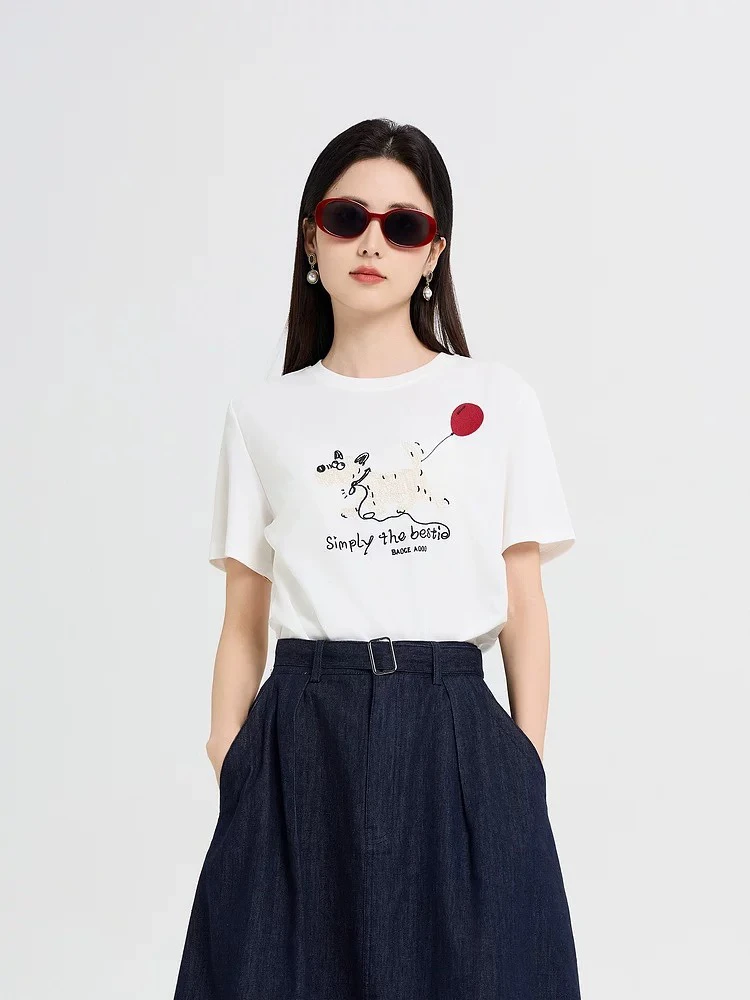 重工刺绣小狗 宽松圆领短袖女t恤2025新款夏季打底衫1938