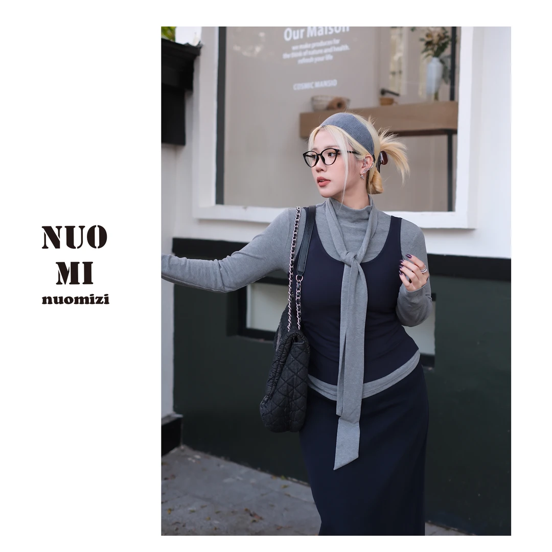 ZOZ糯米子[济州岛]休闲假两件气质减龄百搭套装女飘带长袖T恤