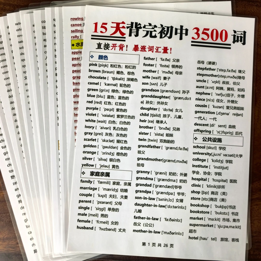 初中英语必背3500词完整版A4塑封反复背诵单词表带音标速记发音