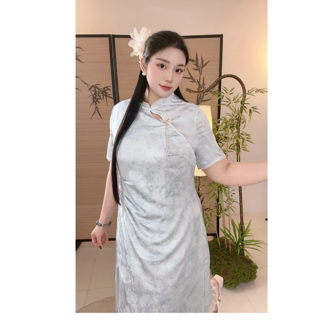 码加加51537冰川蓝前开叉女夏中式年轻款日常素雅微胖女生