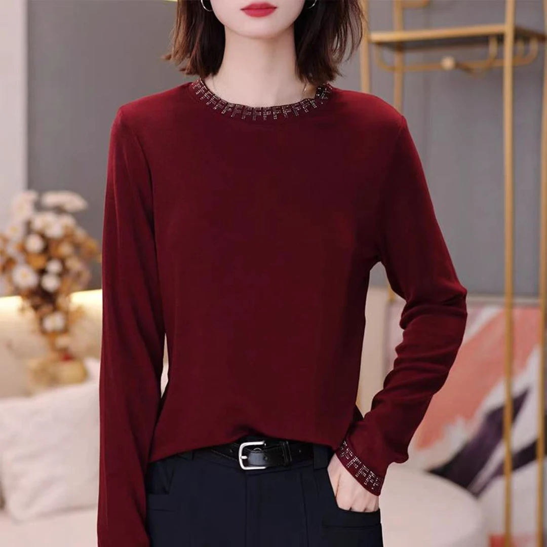 高级灰色圆领长袖t恤纯色烫钻妈妈秋季新款遮肚减龄德绒保暖上衣