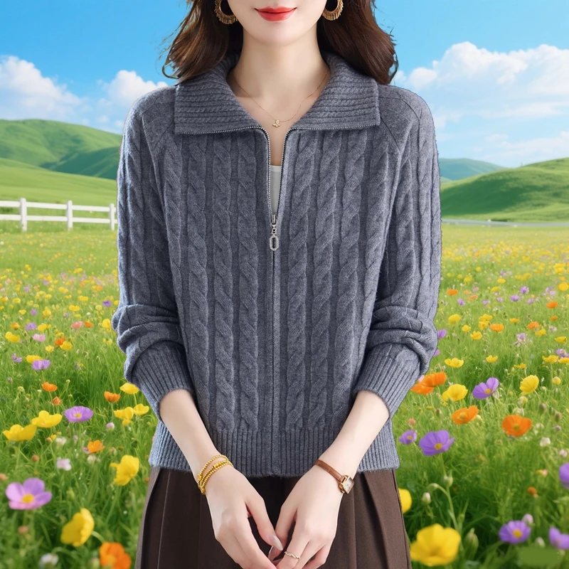 100%纯羊毛羊毛衫2025秋冬新款麻花翻领毛衣开衫女宽松妈妈装针织