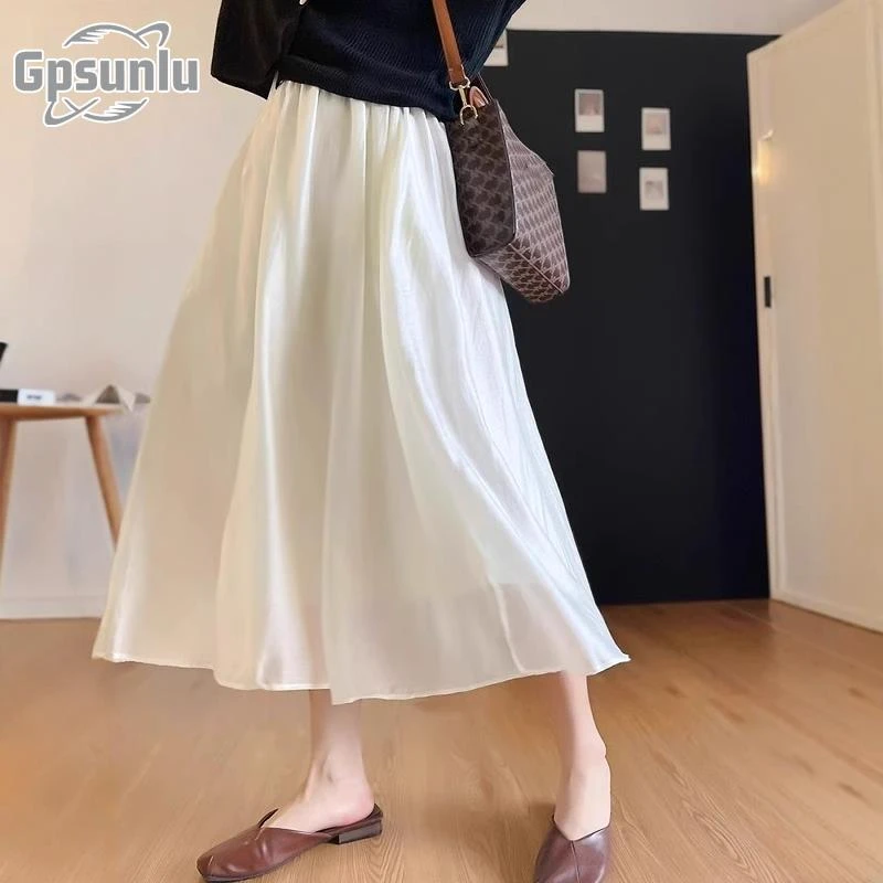 gpsunlu法式白色半身裙女夏季新款高腰显瘦时尚松紧腰中长款裙子