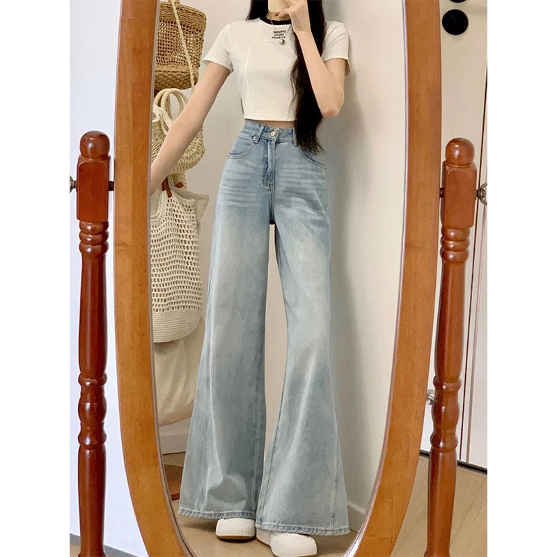 浅色高腰微喇牛仔裤女春季新款美式宽松阔腿显瘦垂感直筒喇叭裤子