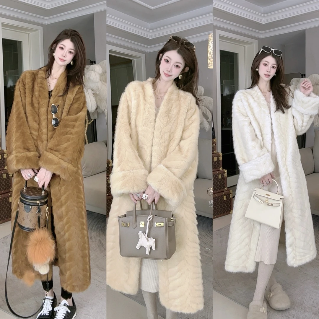 人造皮草 中古宝石韩系金叶貂水钻扣渐变长款环保皮草女冬季