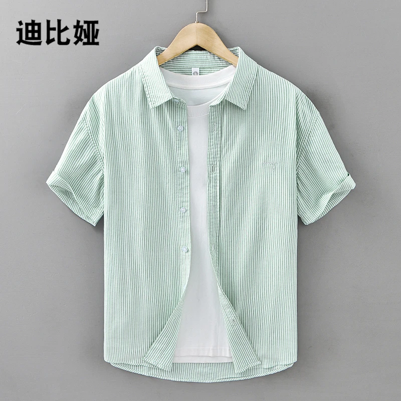 迪比娅纯棉竖条纹短袖衬衫男士文艺高级感衬衣透气英文刺绣寸衫C